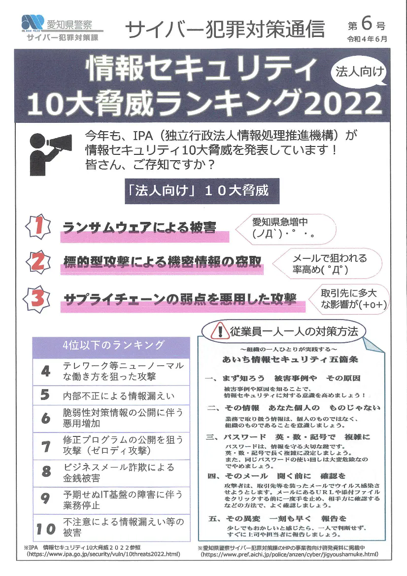 【法人向け】情報セキュリティによる10大脅威について